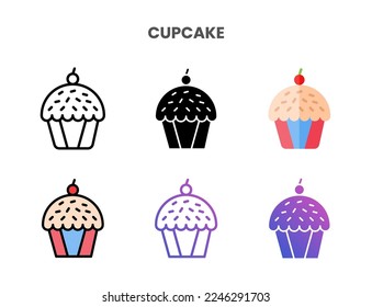 Cupcake icons vector illustration set line, flat, glyph, outline color gradient. Great for web, app, presentation and more. Editable stroke and pixel perfect.