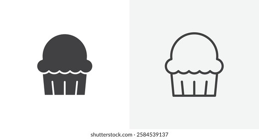 Cupcake icons vectors illustrations in black fill and liner versions