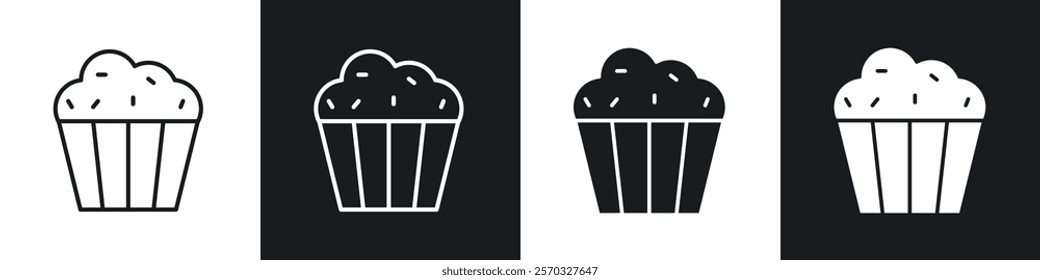 Cupcake icons vectors set in black. line and flat versions