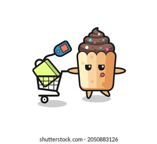 cupcake illustration cartoon with a shopping cart , cute design