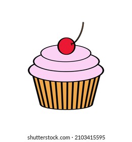 Cupcake illustration. Cherry on a muffin. Sweetness. Hand drawn vector