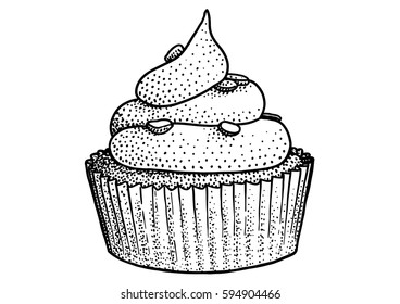 Cupcake illustration, drawing, engraving, ink, line art, vector
