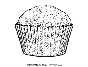 Cupcake illustration, drawing, engraving, ink, line art, vector