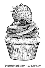 Cupcake illustration, drawing, engraving, ink, line art, vector
