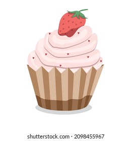 Cupcake illustration. Cupcake with strawberry cream and strawberries for Valentine's Day