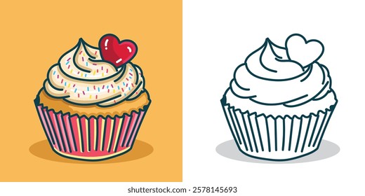 A cupcake illustration for valentine's design element, sticker, or coloring book element