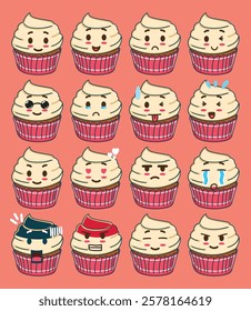 A cupcake illustration with various expressions set for emoji project, sticker,and valentine's design element