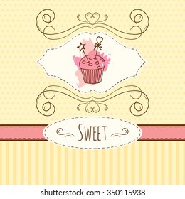 Cupcake illustration. Vector hand drawn card with watercolor splashes. Sweet polka dots and stripes design. Invitation card template. 