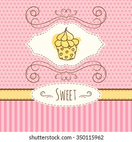 Cupcake illustration. Vector hand drawn card with watercolor splashes. Sweet polka dots and stripes design. Invitation card template. 