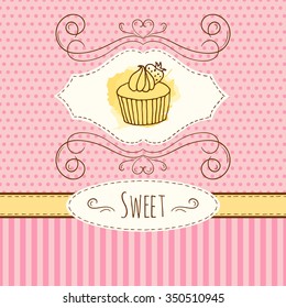 Cupcake illustration. Vector hand drawn card with watercolor splashes. Sweet polka dots and stripes design. Invitation card template. 