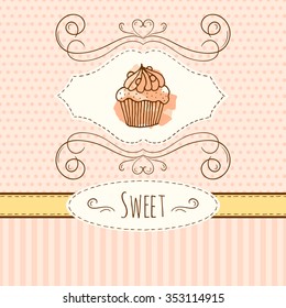 Cupcake illustration. Vector hand drawn card with watercolor splashes. Sweet polka dots and stripes design. Invitation card template. 