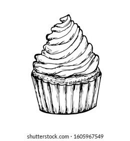 Cupcake. Illustrations for coffee houses or cafes. Hand drawn vector illustration. Monochrome black and white ink sketch. Isolated on white background. Coloring page.