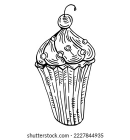 Cupcake. Illustrations for coffee houses or cafes. Hand drawn vector illustration. Monochrome black and white ink sketch. Isolated on white background. Coloring page.