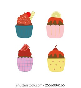 cupcake illustrations. Delightful handdrawn cupcake designs.  Set of cute cupcakes and muffins.