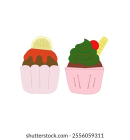 cupcake illustrations. Delightful handdrawn cupcake designs.  Set of cute cupcakes and muffins.