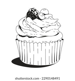 Cupcake isolated on white background. Black and white vector illustration.