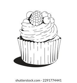 Cupcake isolated on white background. Black and white vector illustration.