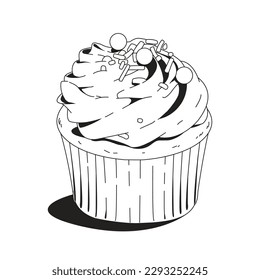 Cupcake isolated on white background. Black and white vector illustration.