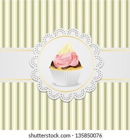 Cupcake with jelly, pink and yellow creme on lace, vintage background.