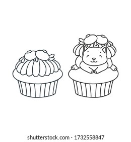 Cupcake and kitten. Cute illustration of a blueberry cupcake and a little white kitten sitting on a cupcake. Objects isolated on white. Vector 8 EPS.