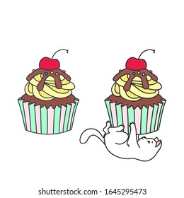 
Cupcake and kitten. Cute illustration of a cherry cupcake and a little white kitten playing with a cupcake. Objects 
isolated on white. Vector 8 EPS.