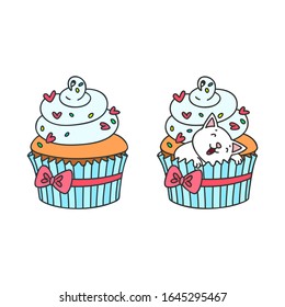 Cupcake and kitten. Cute illustration of a creamy cupcake and a little white kitten sleeping in a cupcake. Objects 
isolated on white. Vector 8 EPS.