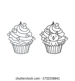 Cupcake and kitten. Cute illustration of a creamy cupcake decorated with hearts and a little white kitten sitting in a cupcake. Objects isolated on white. Vector 8 EPS.