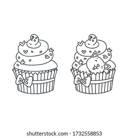 Cupcake and kitten. Cute illustration of a creamy cupcake and a little white kitten sleeping in a cupcake. Objects 
isolated on white. Vector 8 EPS.