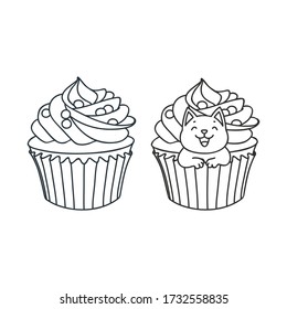 Cupcake and kitten. Cute illustration of a cremy cupcake and a little white kitten sitting in a cupcake. Objects isolated on white. Vector 8 EPS.