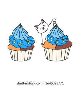 Cupcake and kitten. Cute illustration of a cupcake decorated with blue cream and a little white kitten playing with a cupcake. Objects isolated on white. Vector 8 EPS.