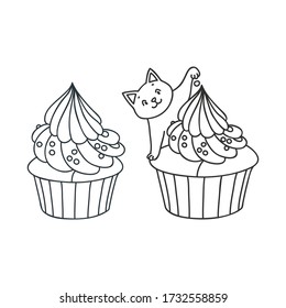 Cupcake and kitten. Cute illustration of a cupcake decorated with cream and a little white kitten playing with a cupcake. Objects isolated on white. Vector 8 EPS.