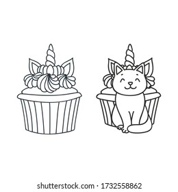 Cupcake and kitten. Cute illustration of a cupcake decorated with a unicorn horn and a little white kitten sitting in front of a cupcake. Objects isolated on white. Vector 8 EPS.
