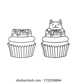 Cupcake and kitten. Cute illustration of a cupcake with donut and a little white kitten sitting in a cupcake. Objects isolated on white. Vector 8 EPS.