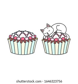 Cupcake and kitten. Cute illustration of a glazed cupcake and a little white kitten sleeping on a cupcake. Objects 
isolated on white. Vector 8 EPS.