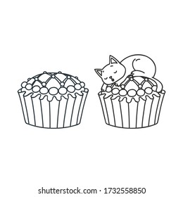 Cupcake and kitten. Cute illustration of a glazed cupcake and a little white kitten sleeping on a cupcake. Objects 
isolated on white. Vector 8 EPS.