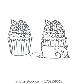 Cupcake and kitten. Cute illustration of a lemon cupcake and a little white kitten sleeping in front of a cupcake. 
Objects isolated on white. Vector 8 EPS.
