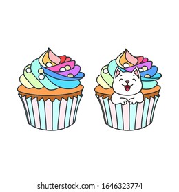 Cupcake and kitten. Cute illustration of a rainbow cupcake and a little white kitten sitting in a cupcake. Objects isolated on white. Vector 8 EPS.