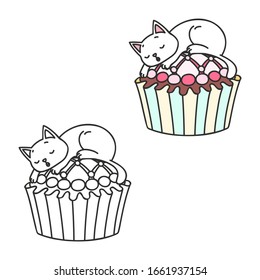 Cupcake and kitten. Cute illustrations (colored and black-n-white) of a little white kitten sleeping on a glazed cupcake. Objects isolated on white. Vector 8 EPS.