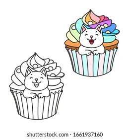 Cupcake and kitten. Cute illustrations (colored and black-n-white) of a little white kitten sitting in a rainbow cream cupcake. Objects isolated on white. Vector 8 EPS.