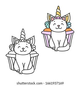 Cupcake and kitten. Cute illustrations (colored and black-n-white) of a little white kitten sitting in front of a cupcake decorated with a unicorn horn. Objects isolated on white. Vector 8 EPS.