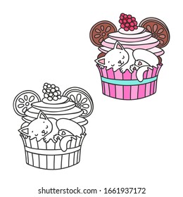 Cupcake and kitten. Cute illustrations (colored and black-n-white) of a little white kitten sleeping in a raspberry 
cupcake. Objects isolated on white. Vector 8 EPS.