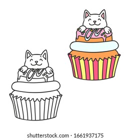 Cupcake and kitten. Cute illustrations (colored and black-n-white) of a little white kitten sitting in a cupcake with 
decorated donut. Objects isolated on white. Vector 8 EPS.