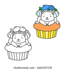 Cupcake and kitten. Cute illustrations (colored and black-n-white) of a little white kitten sitting on a blueberry 
cupcake. Objects isolated on white. Vector 8 EPS.