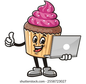 Cupcake with Laptop,   Cartoon Character Mascot Illustration Vector Clip-art Hand-drawn Logo Design