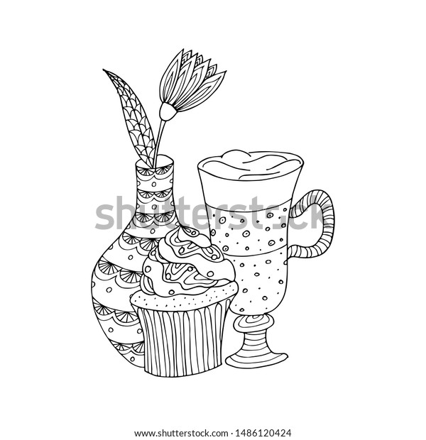 Cupcake Latte Coffee Flower Vase Doodle Stock Vector Royalty Free