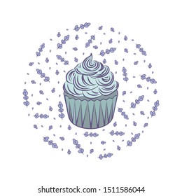 
Cupcake with lavender. On a white background lavender cupcake. Cupcake decorated with sprigs and lavender flowers. Color image. Vector illustration.
