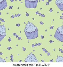 
Cupcake with lavender. Seamless pattern. Against the background of olive-colored lavender cupcake. Cupcake decorated with sprigs of lavender. Color image. Vector illustration.