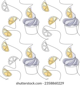Cupcake lemon cake muffin line icon seamless pattern vector. Cartoon linear dessert backdrop. Outline continuous doodle illustration. Kitchen wallpaper, background, print, graphic design, card, banner