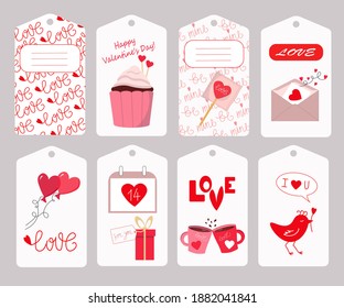  Cupcake, letter, hearts, mugs and balloons. Set of tags for valentins day. Vector illustration. For packaging, gifts, scrapbooking and decoration