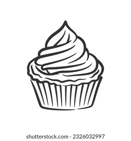 Cupcake line art hand drawn style doodle drawing black and white, Cupcake vector illustration